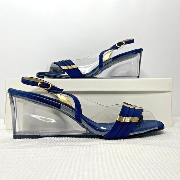 Vintage 70s Norman Kaplan Slingback Wedge Heels Size 8 Blue Gold Lucite Vinyl - Picture 1 of 10